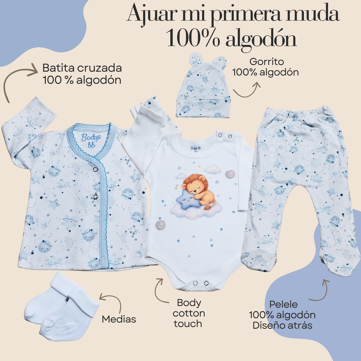 Conjunto Primera Muda 100% algodón 🩵 (León🦁)