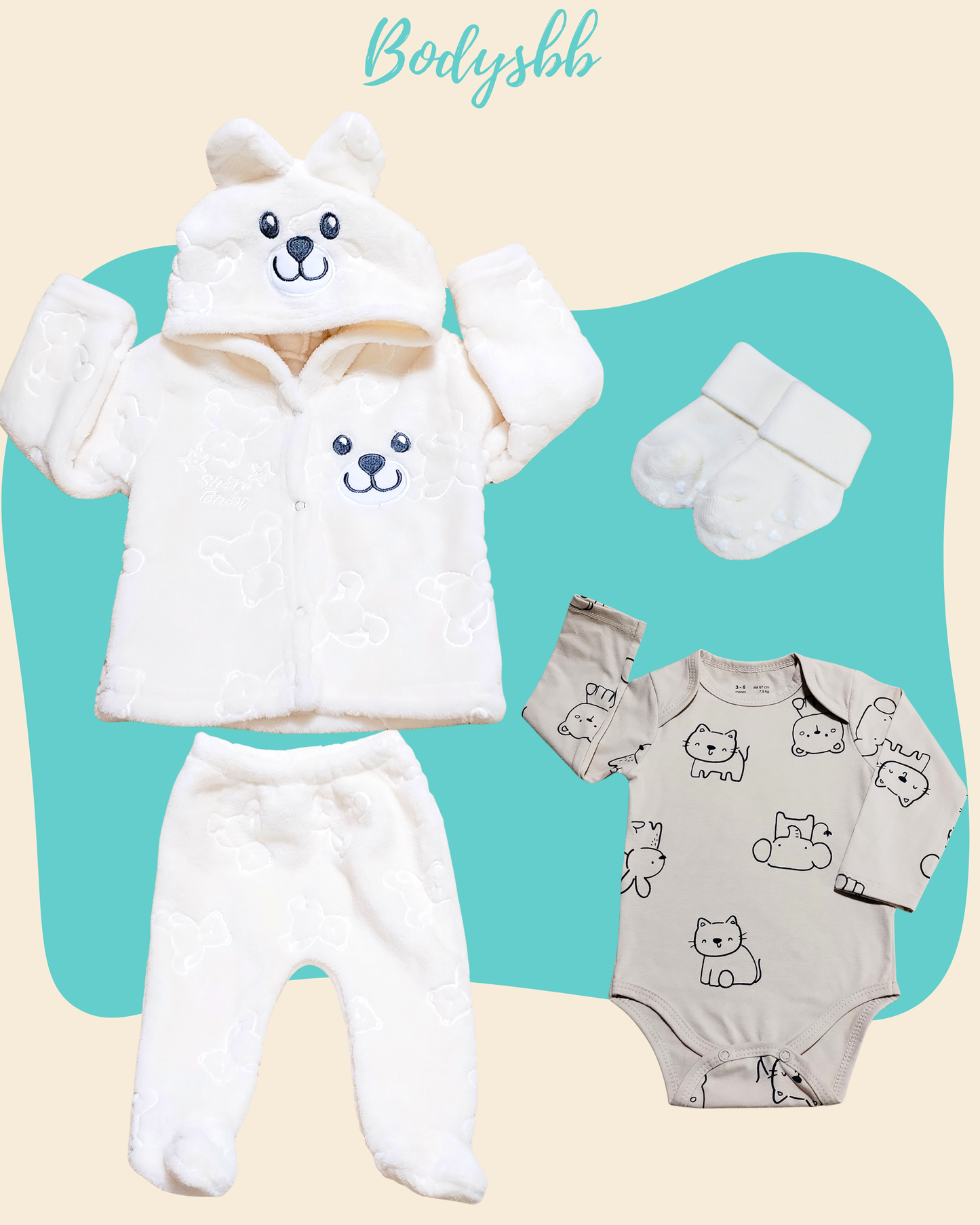 Conjunto peluche color arena🤎 4 piezas. 1 campera peluche abotonada con capucha + 1 pantalón peluche + 1 body 100% algodón premium manga larga + 1 par de medias antideslizantes