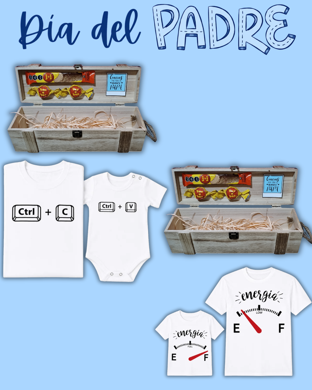 Box madera Para Papá 💙 remera blanca y body + 2 bombones + 1 barrita bon o bon (la remera para papá una vez realizada la compra nos pasas el diseño a WhatsApp)