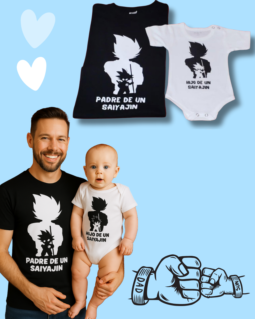 Box madera + remera negra + body! Para Papá y bebé 💙