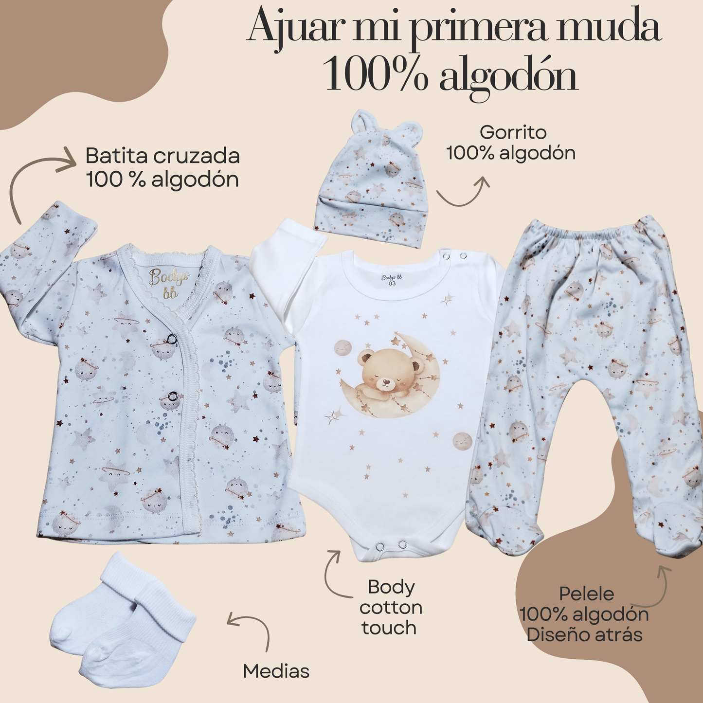 Conjunto Primera Muda 100% algodón 🤎 (osito beig🐻)