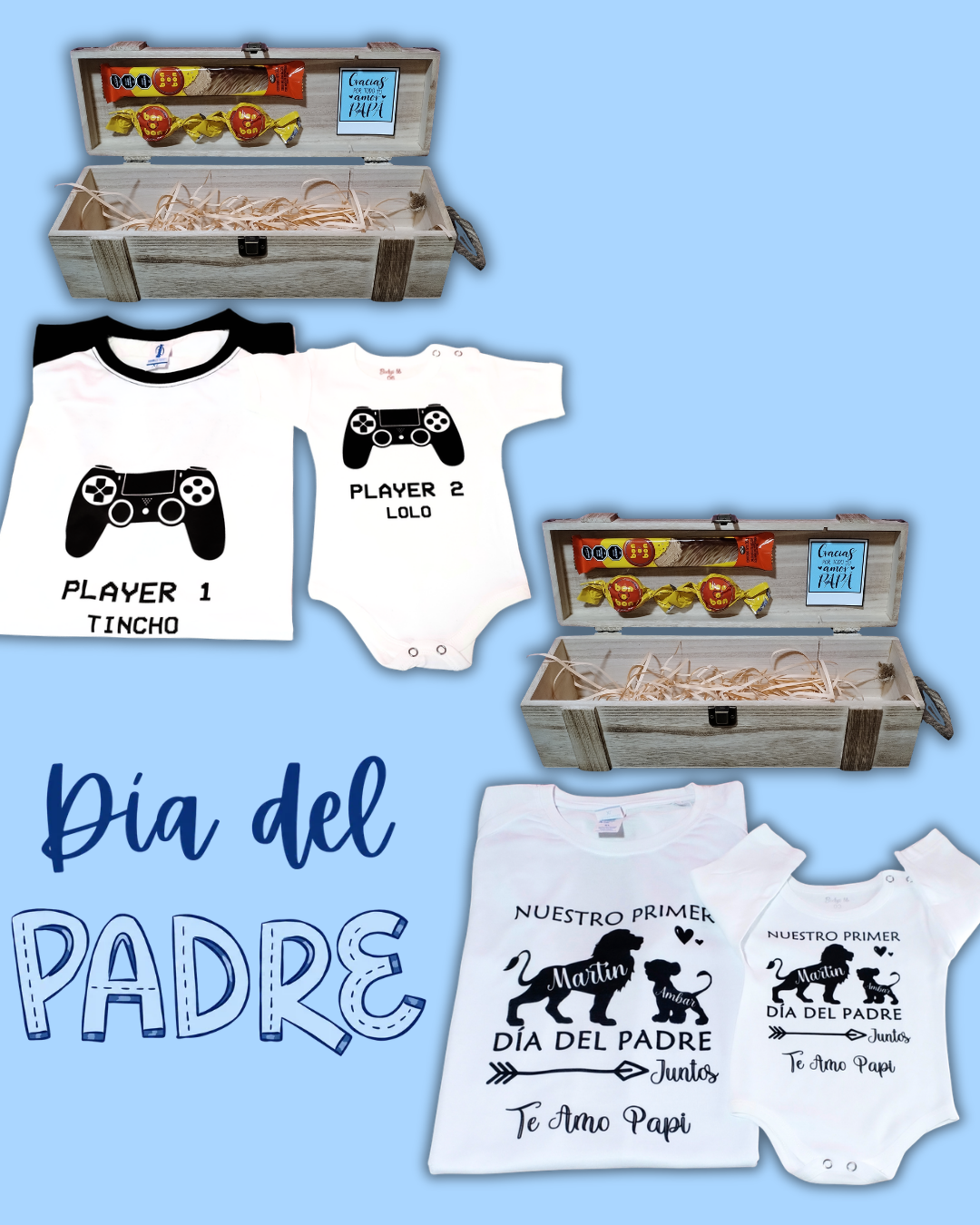Box madera Para Papá 💙 remera blanca y body + 2 bombones + 1 barrita bon o bon (la remera para papá una vez realizada la compra nos pasas el diseño a WhatsApp)