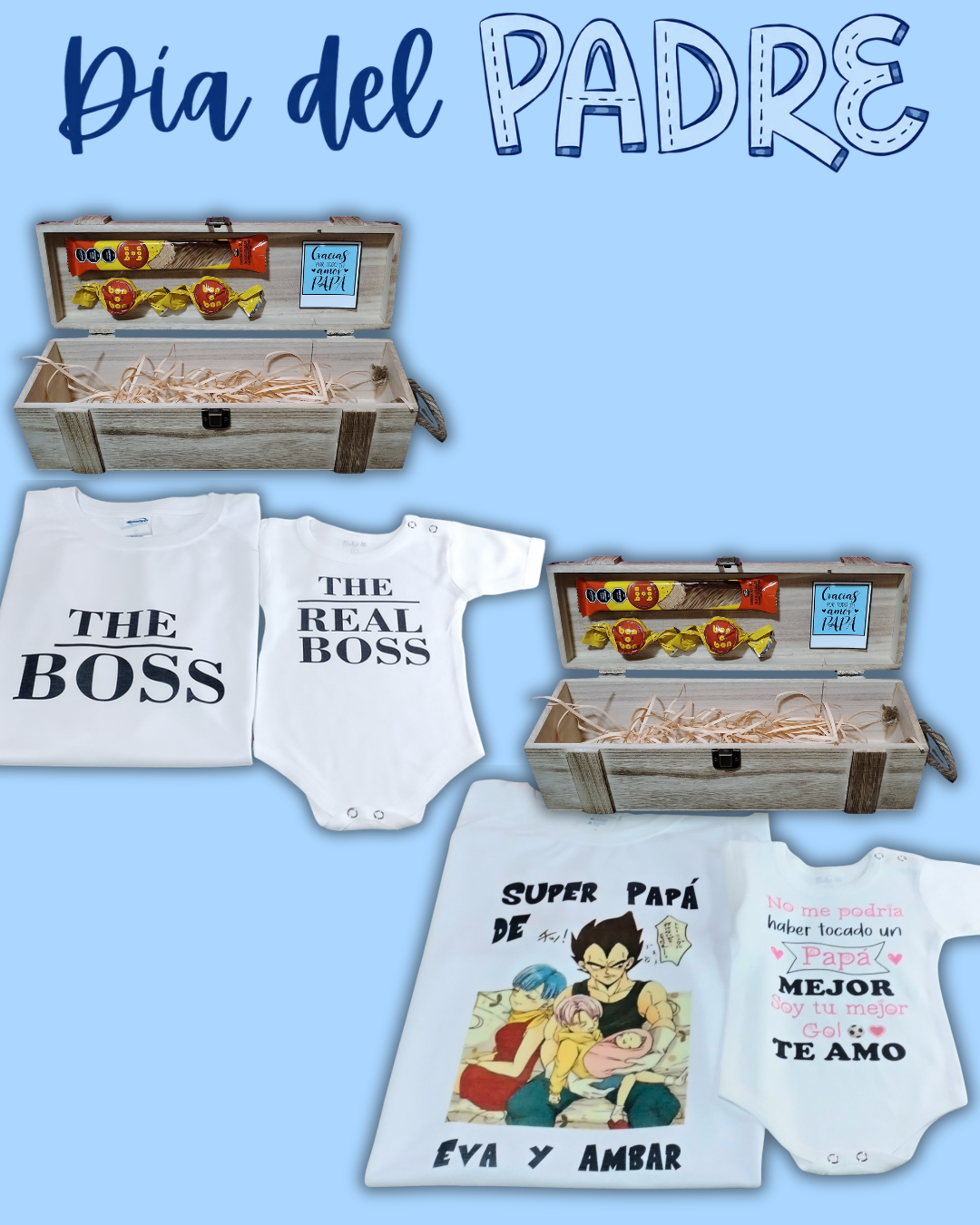 Box madera Para Papá 💙 remera blanca y body + 2 bombones + 1 barrita bon o bon (la remera para papá una vez realizada la compra nos pasas el diseño a WhatsApp)
