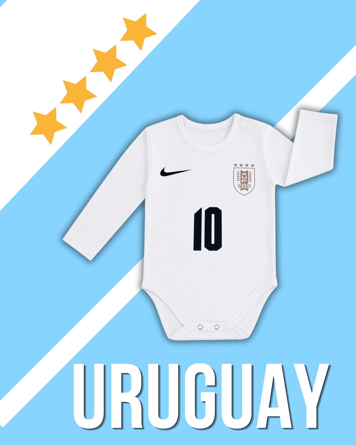Body blanco Uruguay 🇺🇾🩵 estilo camiseta número a tu elección estampado con vinilo textil