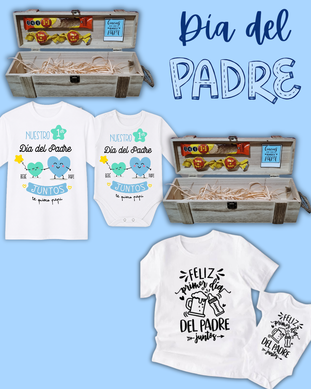 Box madera Para Papá 💙 remera blanca y body + 2 bombones + 1 barrita bon o bon (la remera para papá una vez realizada la compra nos pasas el diseño a WhatsApp)