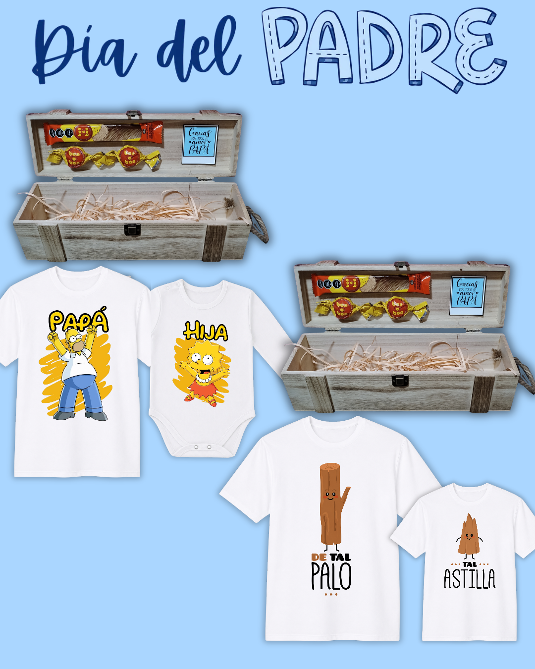 Box madera Para Papá 💙 remera blanca y body + 2 bombones + 1 barrita bon o bon (la remera para papá una vez realizada la compra nos pasas el diseño a WhatsApp)