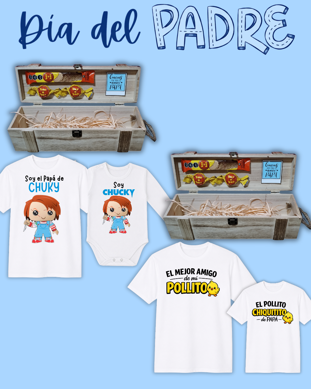 Box madera Para Papá 💙 remera blanca y body + 2 bombones + 1 barrita bon o bon (la remera para papá una vez realizada la compra nos pasas el diseño a WhatsApp)