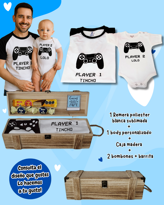 Box madera Para Papá 💙 remera blanca y body