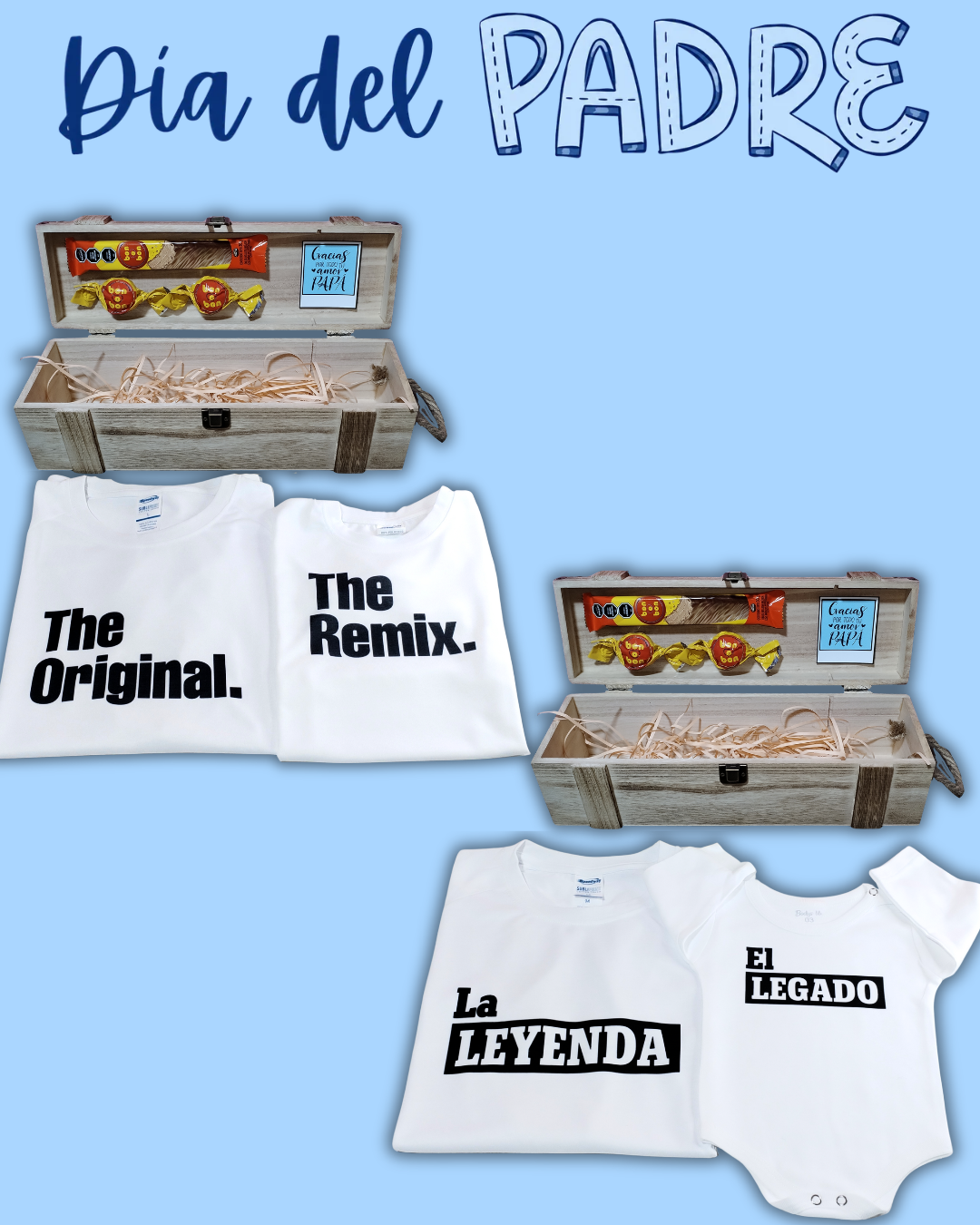 Box madera Para Papá 💙 remera blanca y body + 2 bombones + 1 barrita bon o bon (la remera para papá una vez realizada la compra nos pasas el diseño a WhatsApp)
