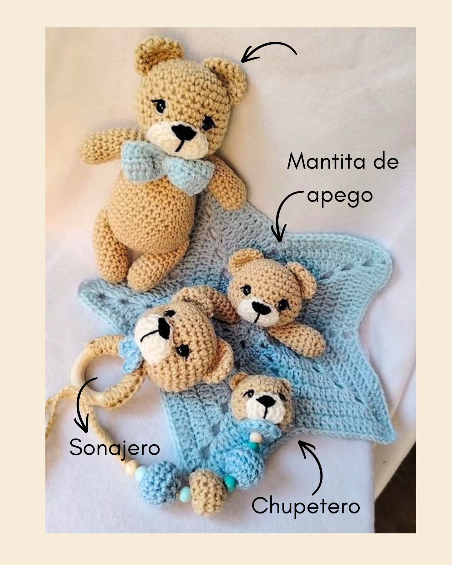 Set hecho a mano de crochet para nacimiento🩵 5 piezas Muñeco de apego + Sonajero + Muñeco manta de apego + Chupetero 🩵
