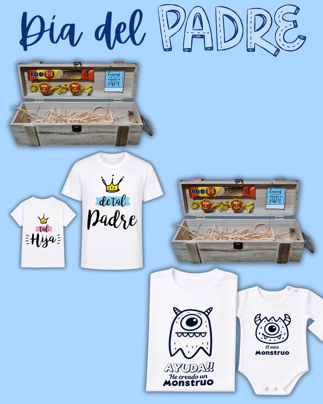Box madera Para Papá 💙 remera blanca y body + 2 bombones + 1 barrita bon o bon (la remera para papá una vez realizada la compra nos pasas el diseño a WhatsApp)