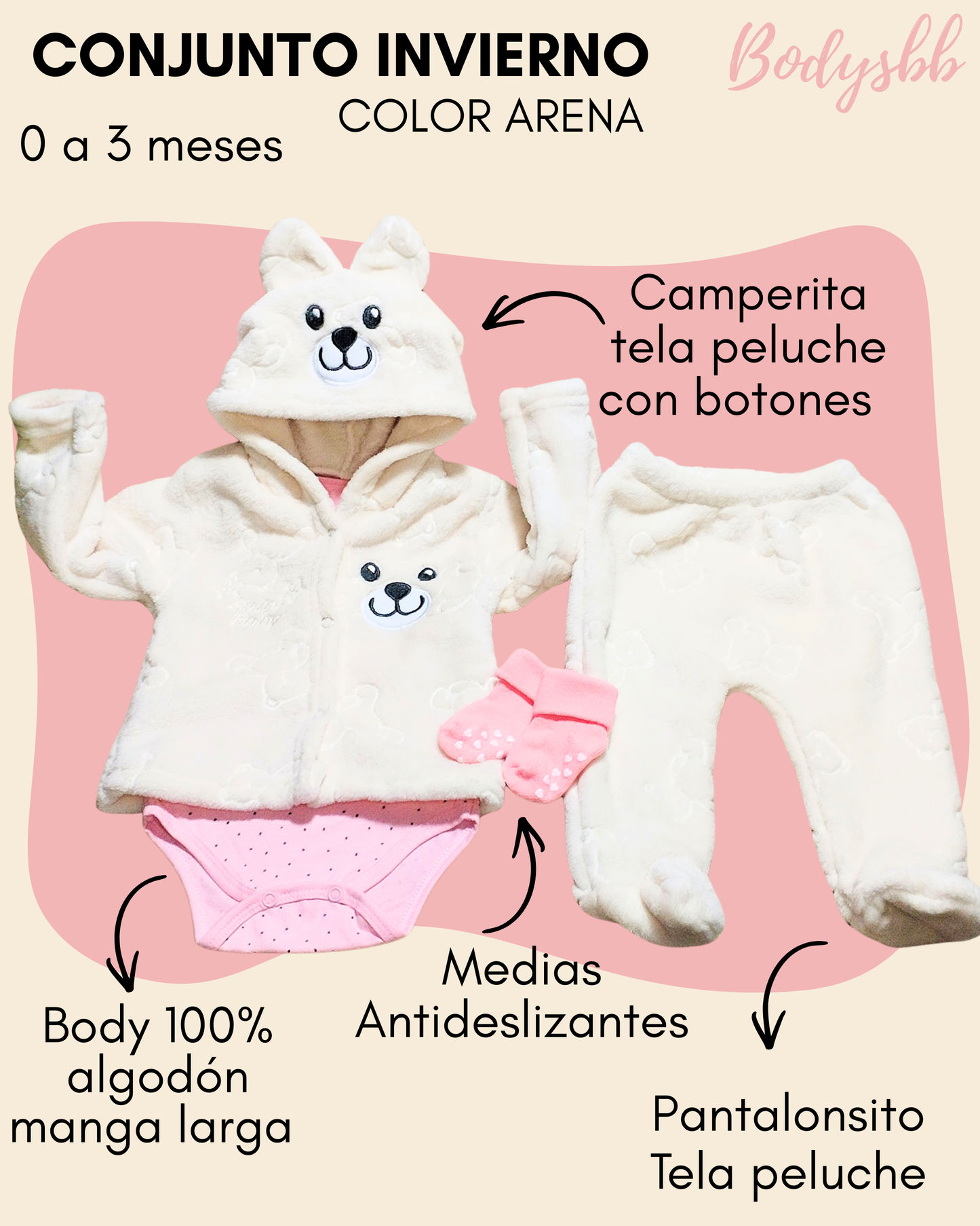 Conjunto peluche color arena🩷 4 piezas. 1 campera peluche abotonada con capucha + 1 pantalón peluche + 1 body 100% algodón premium manga larga + 1 par de medias antideslizantes