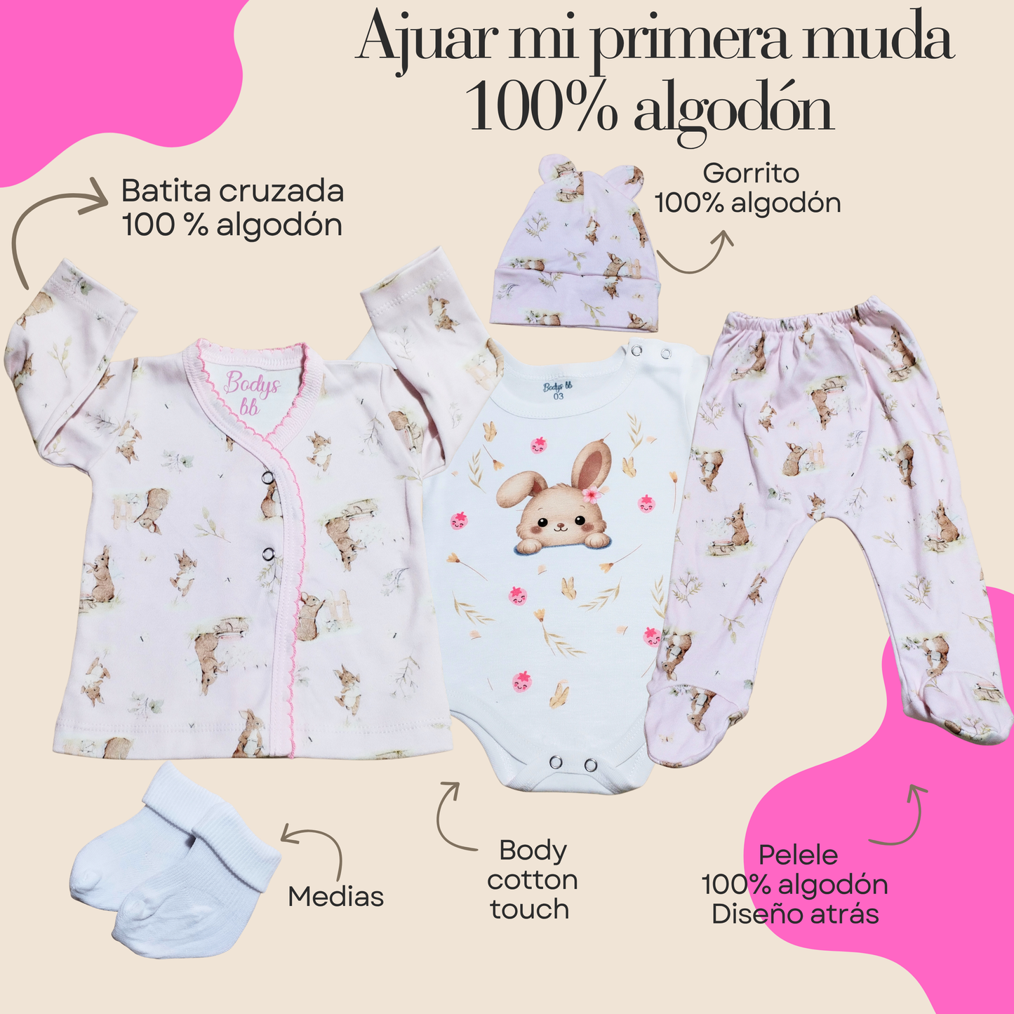 Conjunto Primera Muda 100% algodón 🩷 (conejita🐰🍓 )