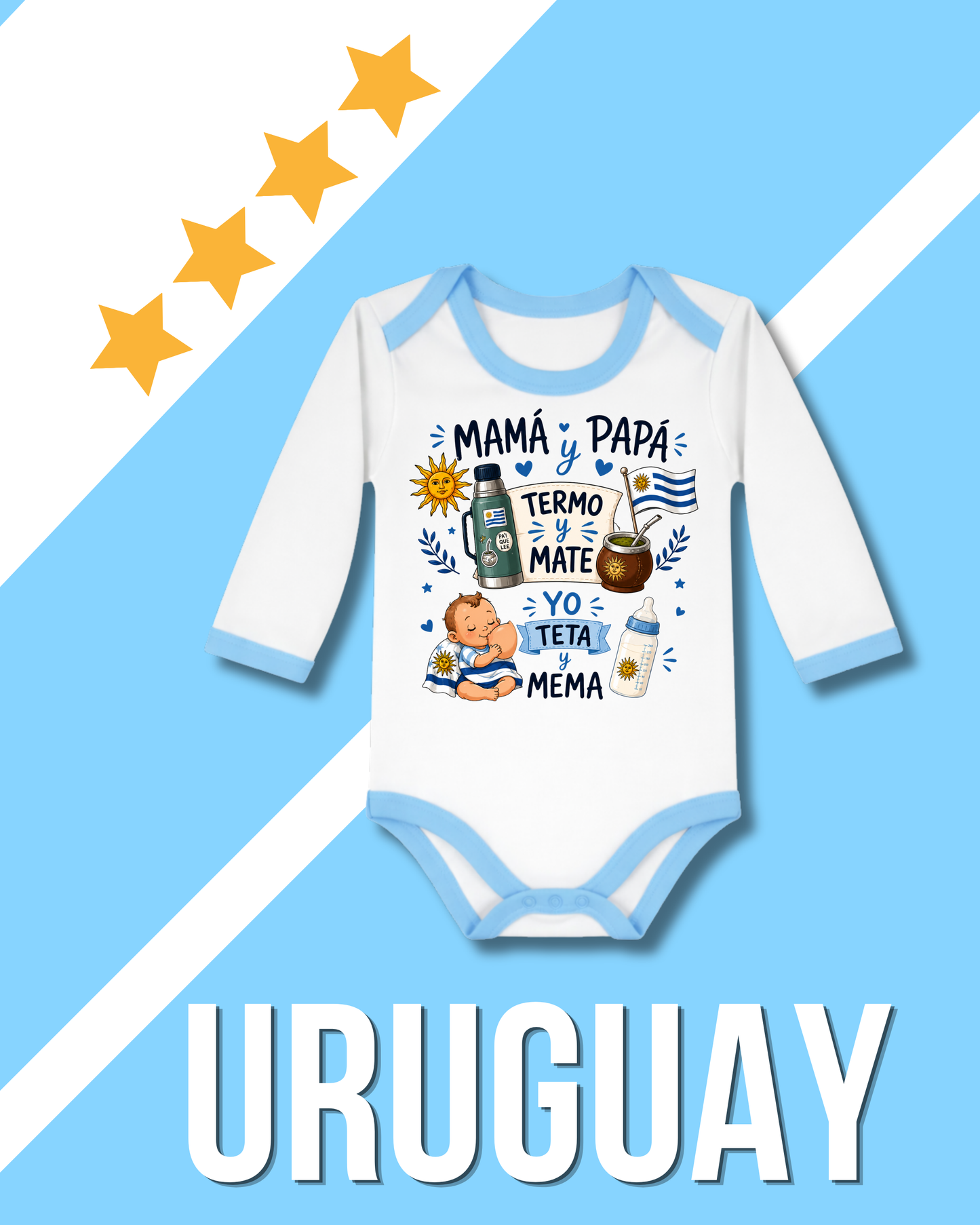 Body borde celeste mamá y papá termo y mate 🧉 yo teta y mema 🍼 🩵🇺🇾 Uruguay