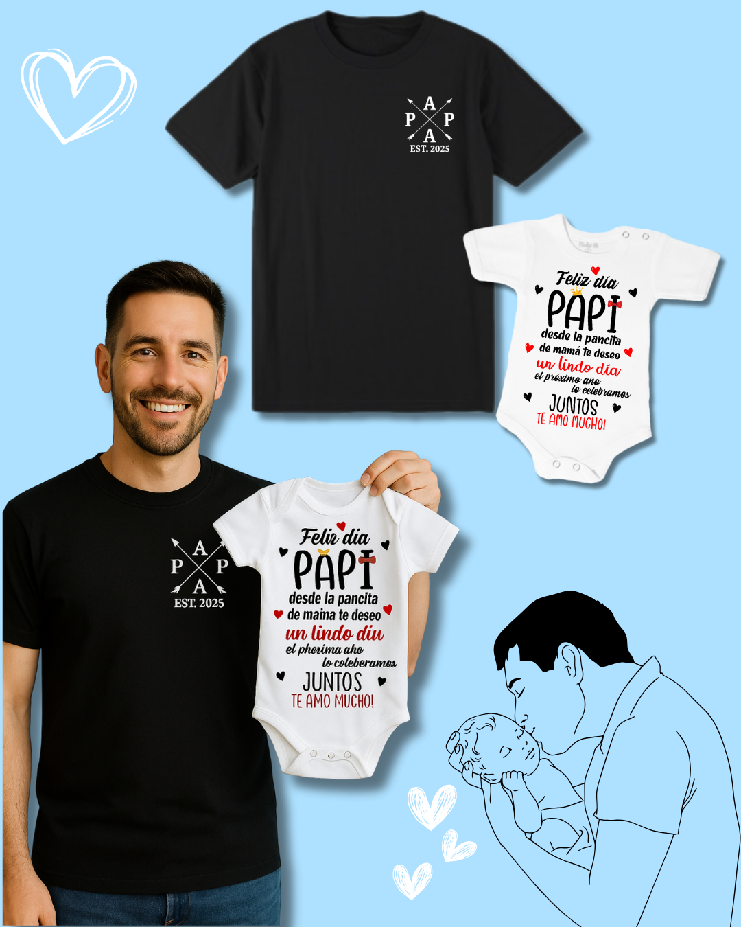 Box madera + remera negra + body! Para Papá y bebé 💙