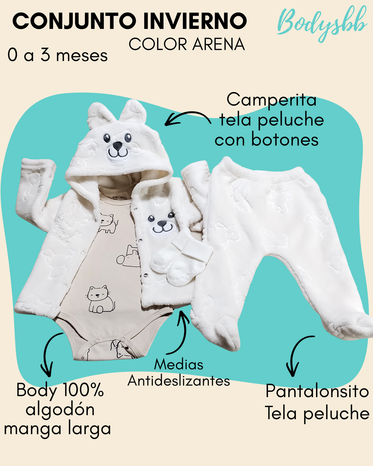 Conjunto peluche color arena🤎 4 piezas. 1 campera peluche abotonada con capucha + 1 pantalón peluche + 1 body 100% algodón premium manga larga + 1 par de medias antideslizantes
