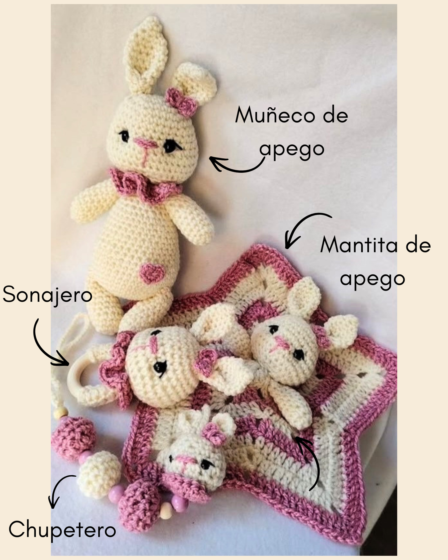 Set hecho a mano de crochet para nacimiento🩷 5 piezas.Muñeco de apego + Sonajero + Muñeco manta de apego + Chupetero🩷