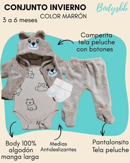 Conjunto peluche color marrón 🤎 4 piezas. 1 campera peluche abotonada con capucha + 1 pantalón peluche + 1 body 100% algodón premium manga larga + 1 par de medias antideslizantes
