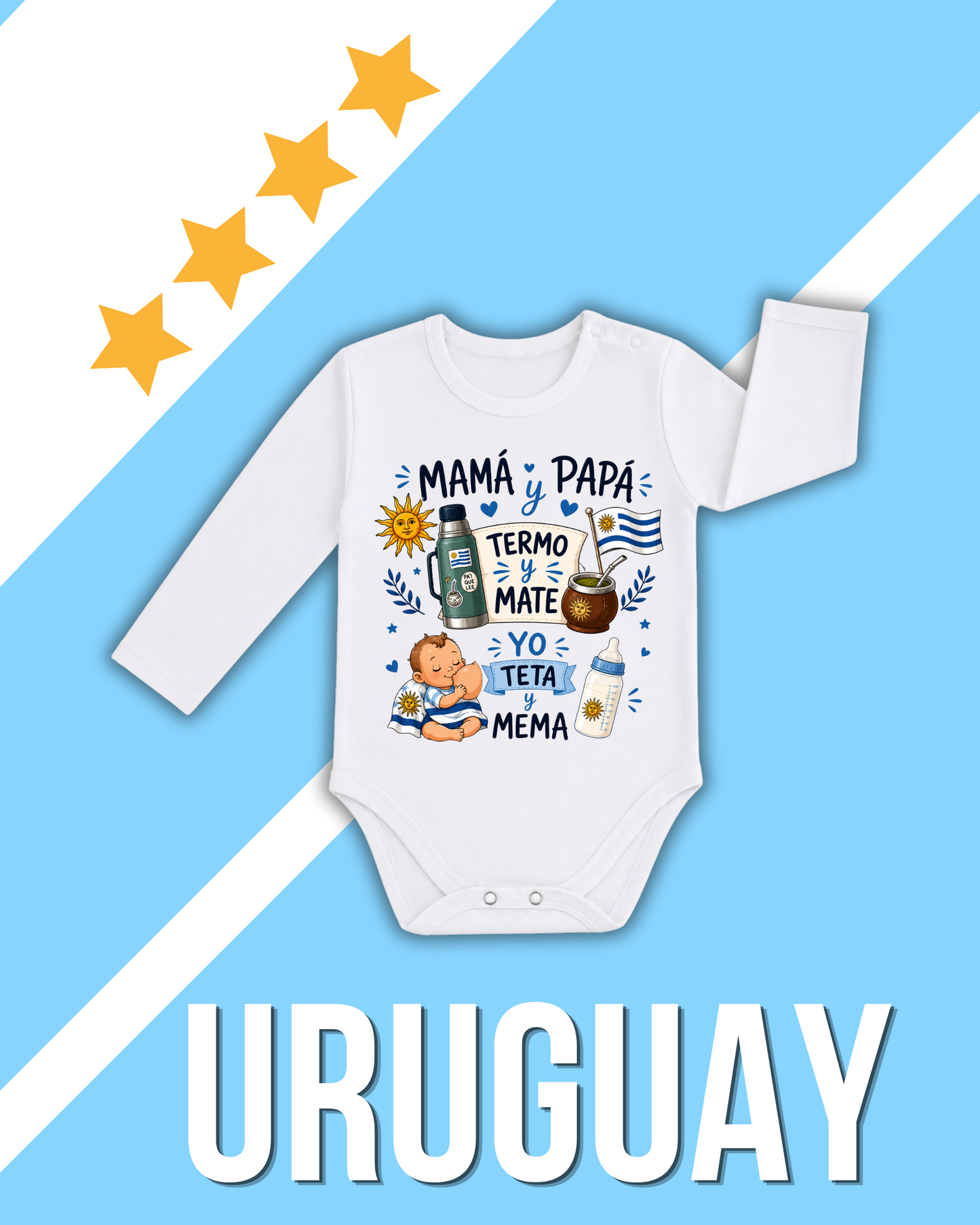 Body blanco mamá y papá termo y mate🧉 yo teta y mema🍼  (Uruguay 🇺🇾🩵)