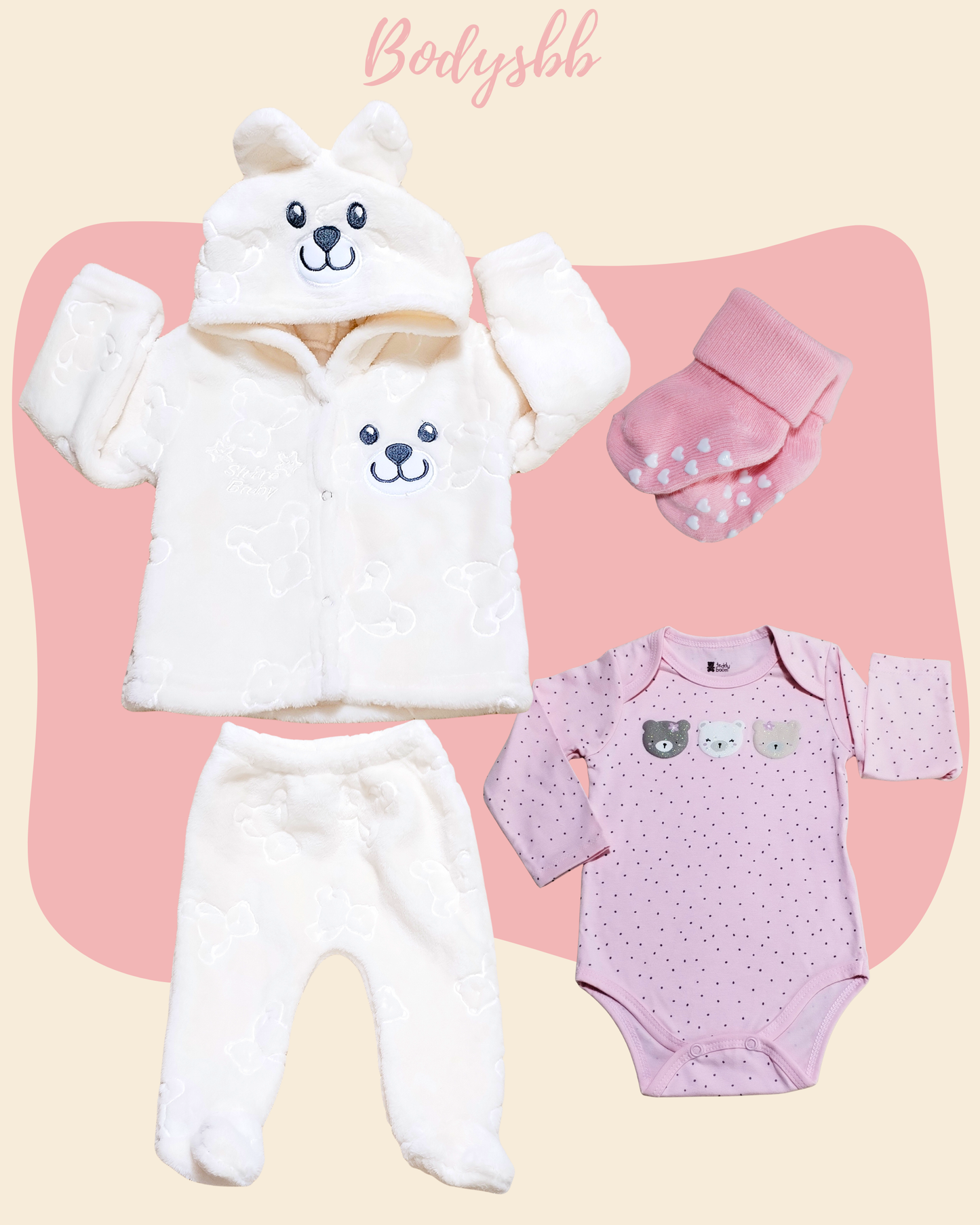 Conjunto peluche color arena🩷 4 piezas. 1 campera peluche abotonada con capucha + 1 pantalón peluche + 1 body 100% algodón premium manga larga + 1 par de medias antideslizantes