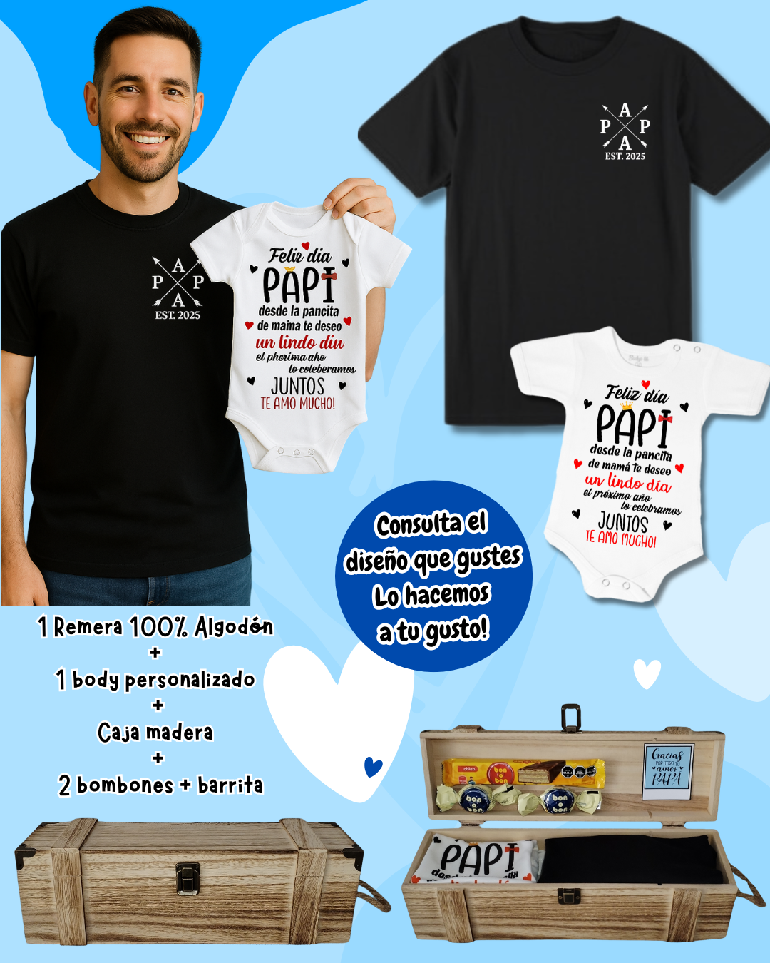Box madera + remera negra + body! Para Papá y bebé 💙